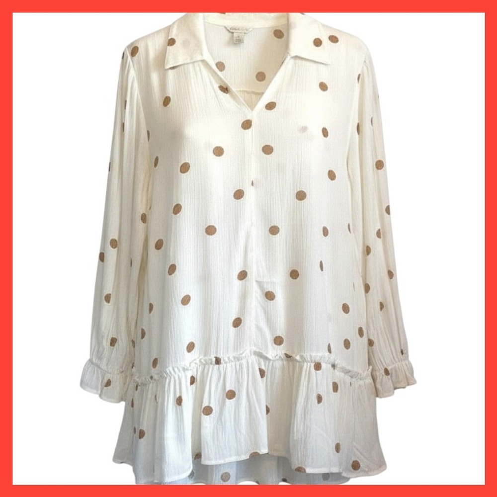 NWT Cato Ivory Tan Polka Dot Peplum Blouse M Long‎ Sleeve Ruffle Cuff Top